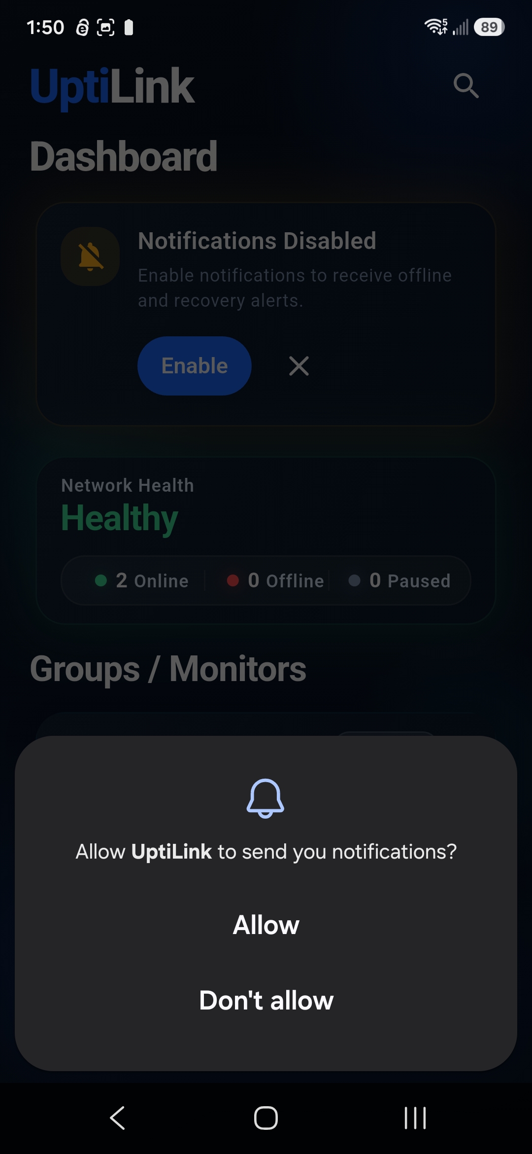 Android notification permission dialog for the UptiLink monitoring app
